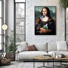Living room with a white sofa, coffee table, and a framed painting of Mona Lisa holding a地球 on a white brick wall.