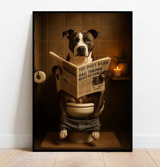 Staff Bull Terrier On The Toilet | Funny Dog Bathroom Wall Art Print - Print