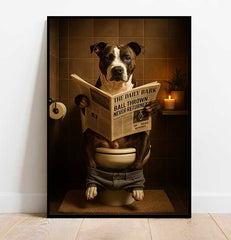 Staff Bull Terrier On The Toilet | Funny Dog Bathroom Wall Art Print - Print