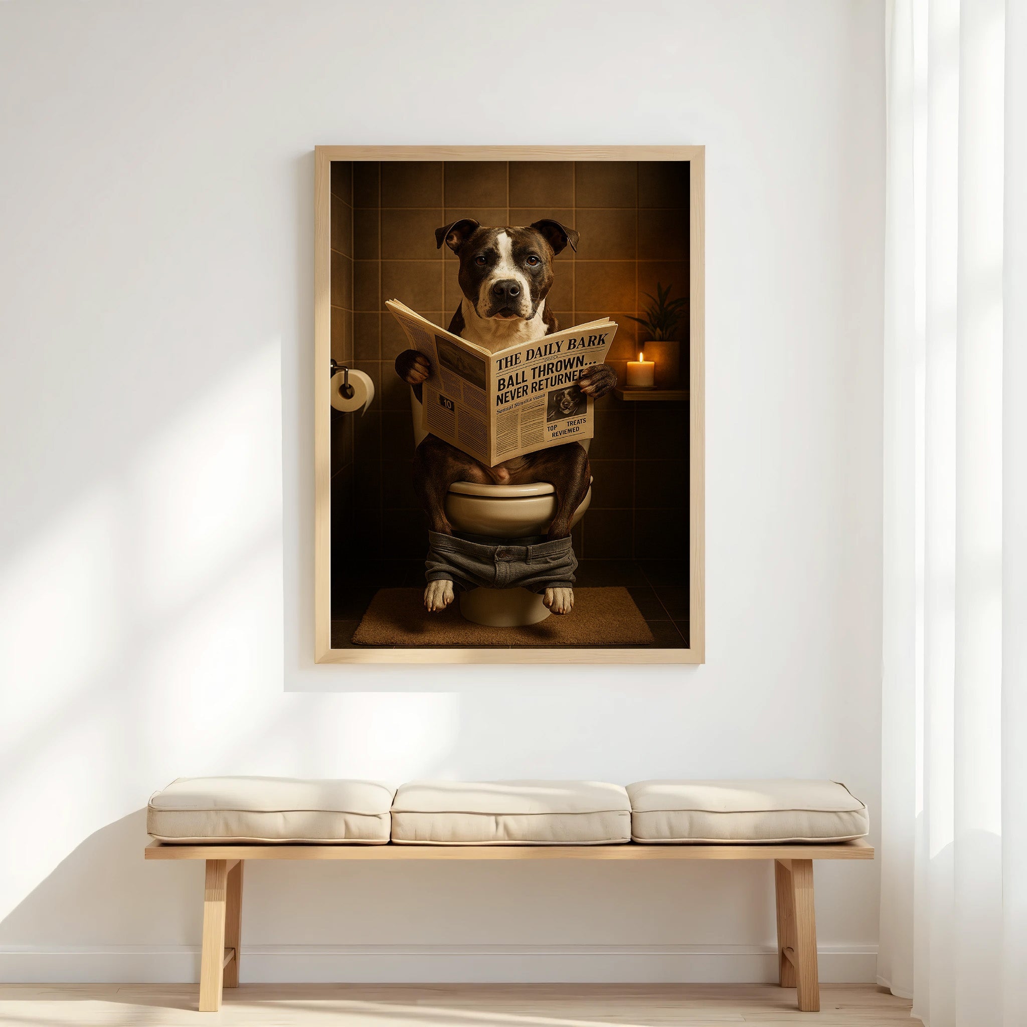 Staff Bull Terrier On The Toilet | Funny Dog Bathroom Wall Art Print - Print