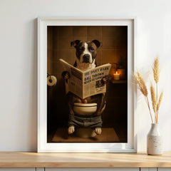 Staff Bull Terrier On The Toilet | Funny Dog Bathroom Wall Art Print - Print