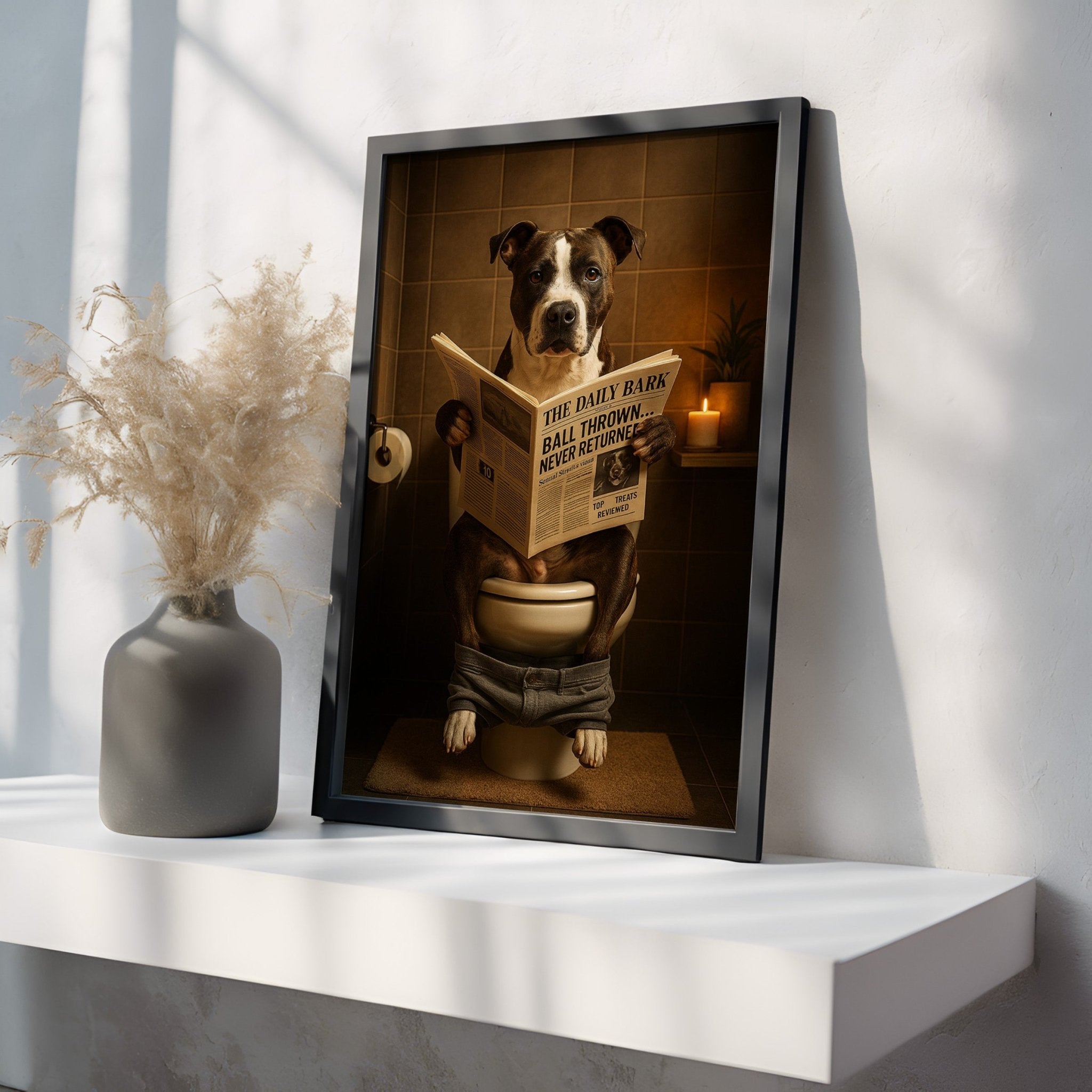 Staff Bull Terrier On The Toilet | Funny Dog Bathroom Wall Art Print - Print