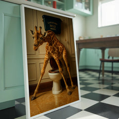 Framed picture of a giraffe using a toilet in a room with checkered floor.