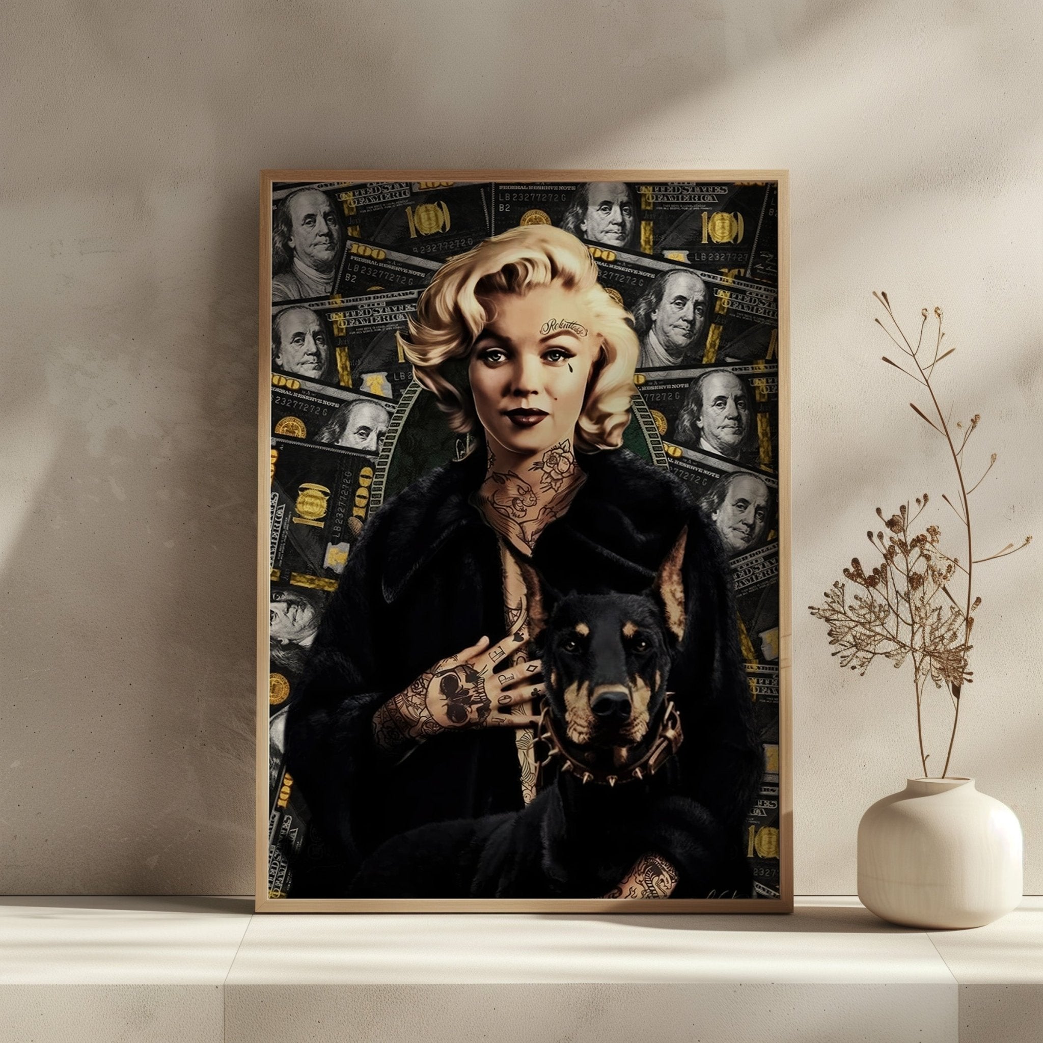 Tattooed Monroe With Doberman | Marilyn Lux Design - Print