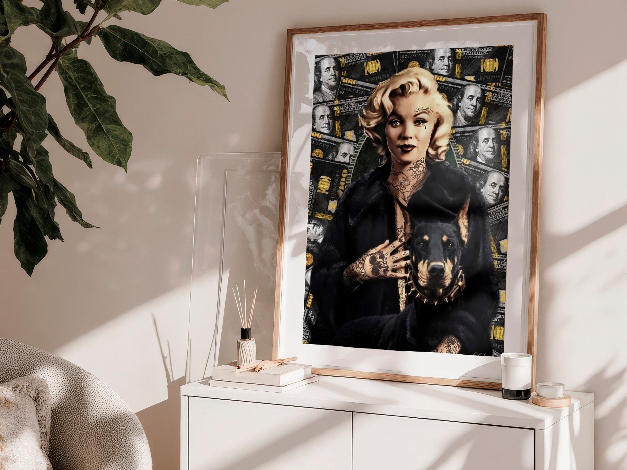Tattooed Monroe With Doberman | Marilyn Lux Design - Print