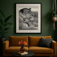 Lioness and Cub Wall Art – Black and White Wildlife Print