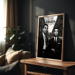 Framed poster of 'The Krays' on a wooden table in a living room setting.