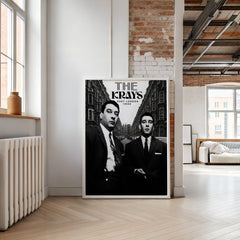 Poster of 'The Krays' in a modern living room with exposed brick wall and large windows.