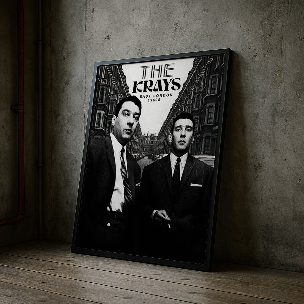 Framed poster of 'The Krays' with a black and white image of two men against a cityscape background.