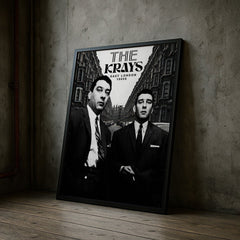 Framed poster of 'The Krays' with a black and white image of two men against a cityscape background.