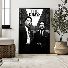 Poster of 'The Krays' in a modern living room setting with decor elements.