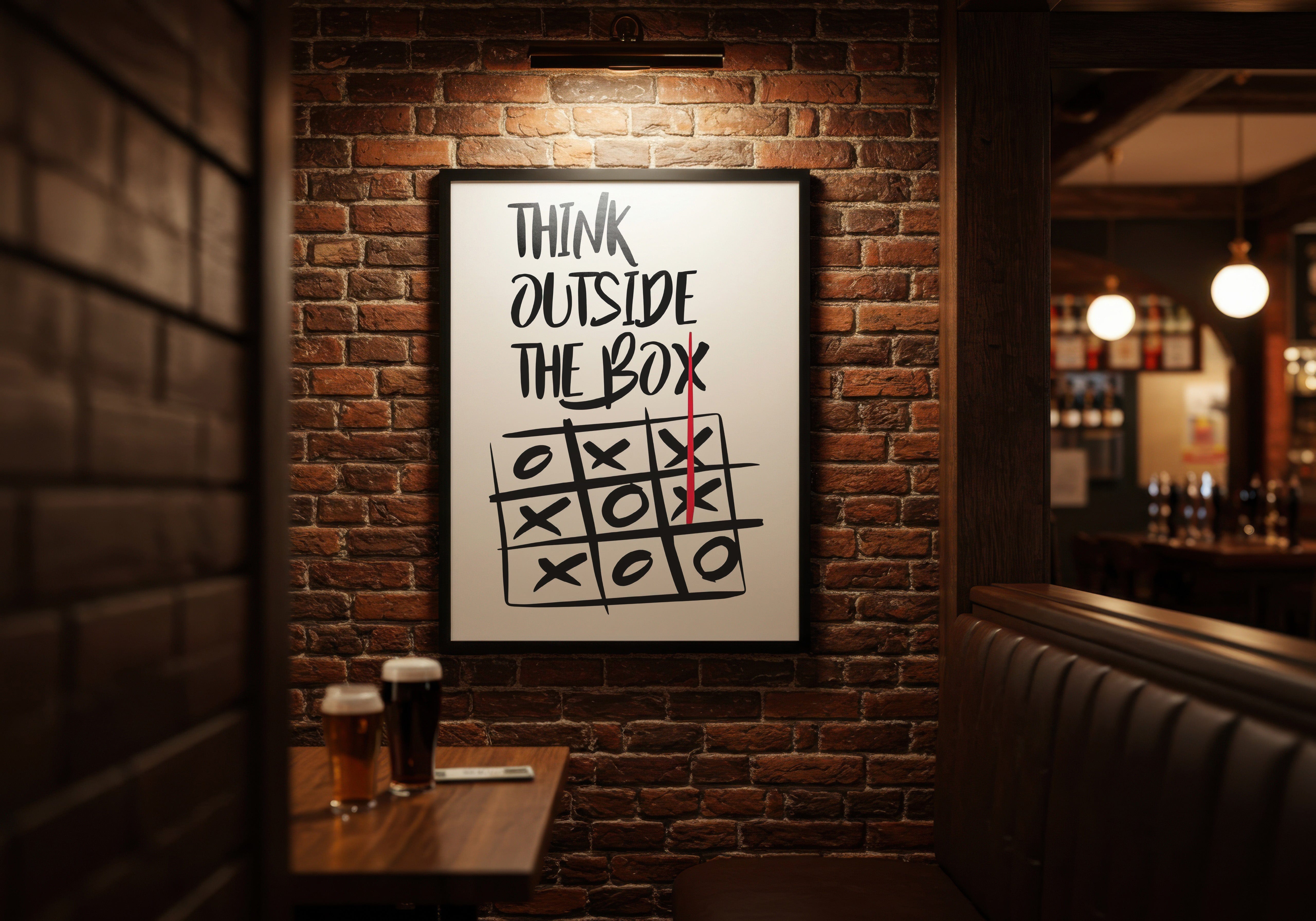 Framed poster with 'Think Outside The Box' quote and crossword design on a brick wall in a bar setting.