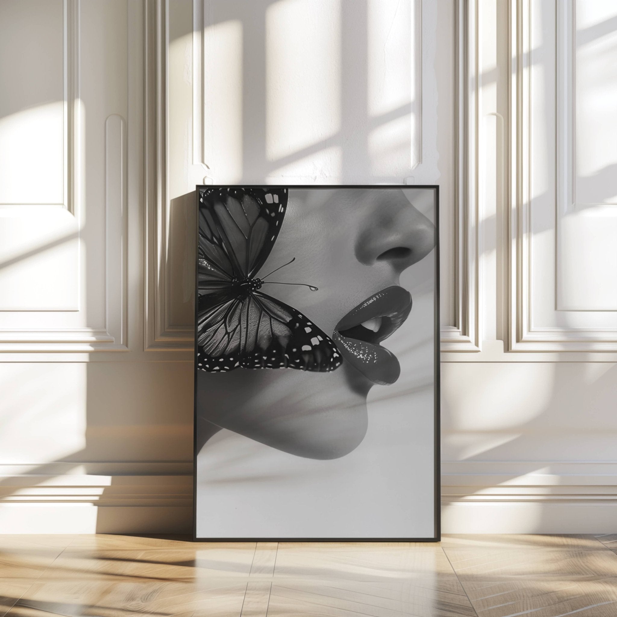 Timeless Flutter Wall Art Print | Black and White Woman with Butterfly - Print
