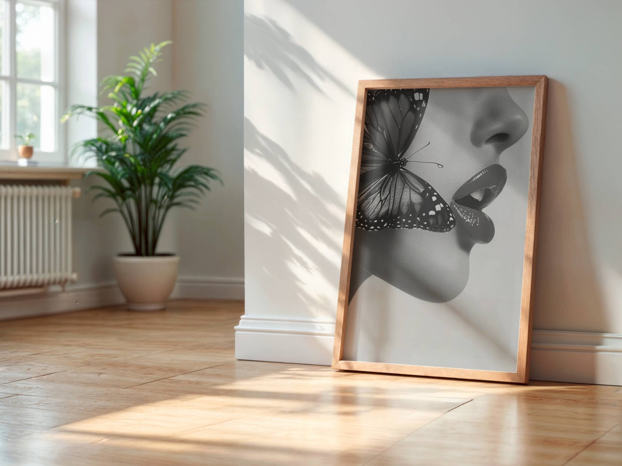 Timeless Flutter Wall Art Print | Black and White Woman with Butterfly - Print