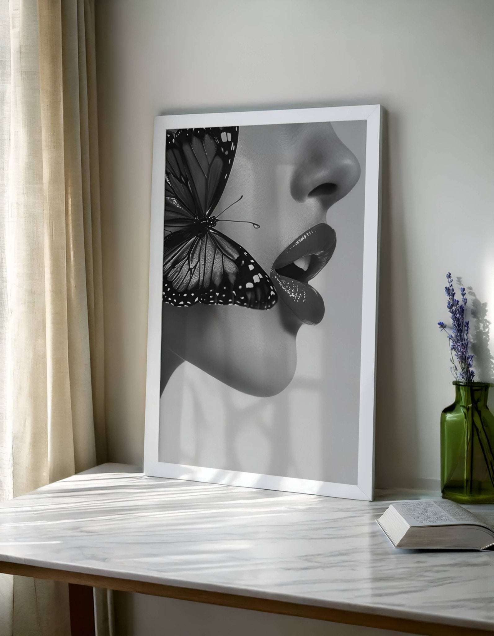 Timeless Flutter Wall Art Print | Black and White Woman with Butterfly - Print