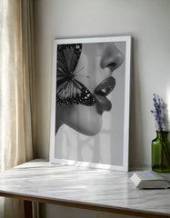 Timeless Flutter Wall Art Print | Black and White Woman with Butterfly - Print