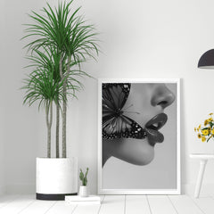 Timeless Flutter Wall Art Print | Black and White Woman with Butterfly - Print