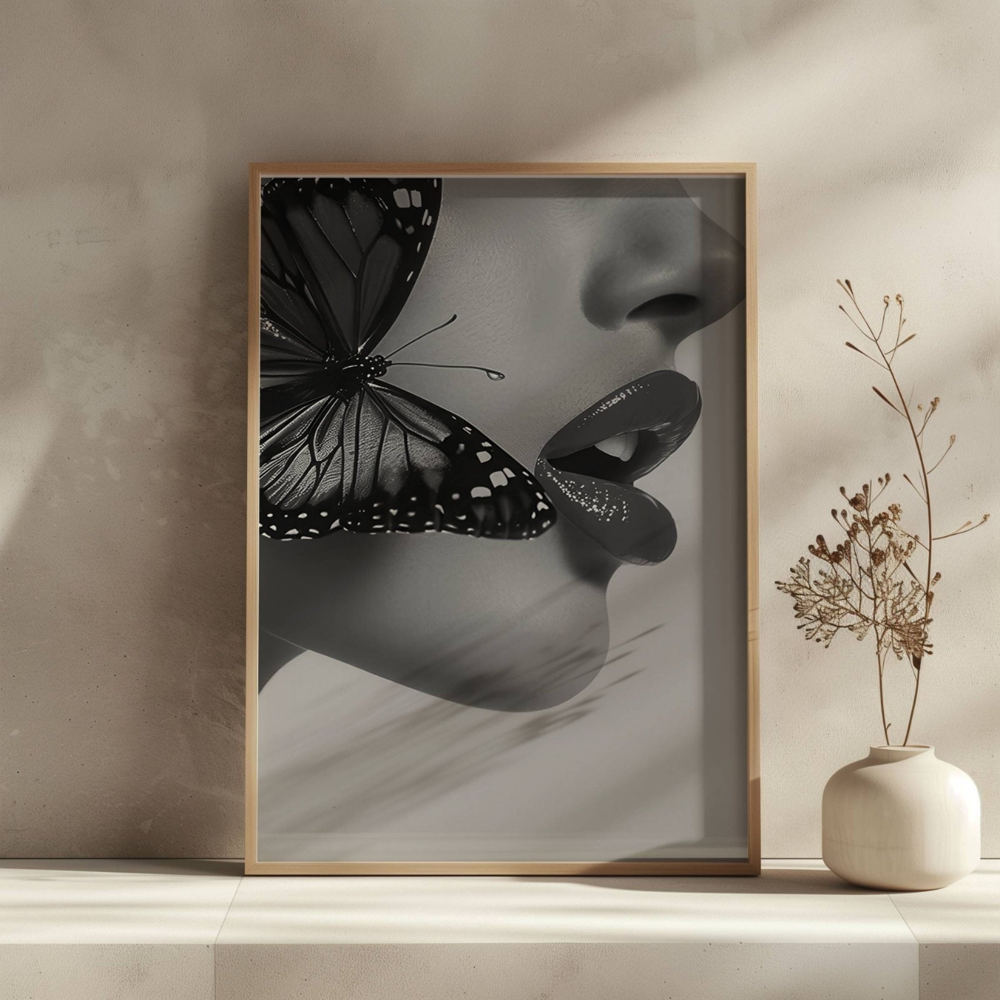 Timeless Flutter Wall Art Print | Black and White Woman with Butterfly - Print