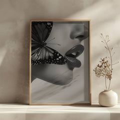 Timeless Flutter Wall Art Print | Black and White Woman with Butterfly - Print