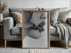 Timeless Flutter Wall Art Print | Black and White Woman with Butterfly - Print