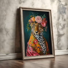Untamed Beauty | Unique Leopard in Floral Dressing Gown Wall Art Print