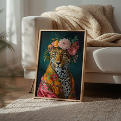 Untamed Beauty | Unique Leopard in Floral Dressing Gown Wall Art Print