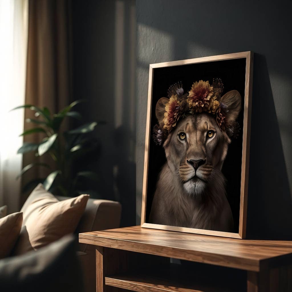 Wildflower Queen | Floral Crowned Lioness Wall Art - Print