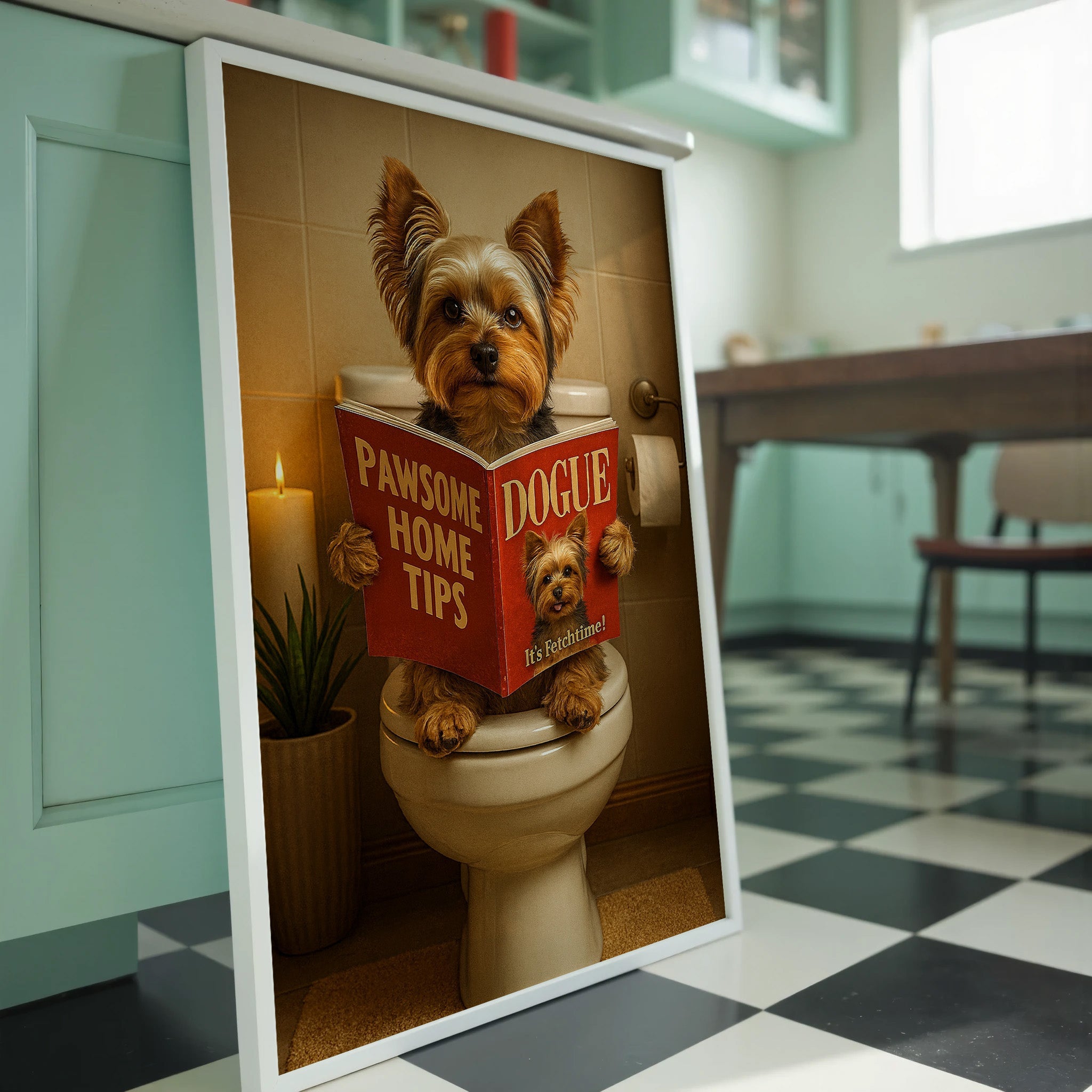 Yorkshire Terrier On The Toilet | Funny Dog Bathroom Wall Art Print - Print