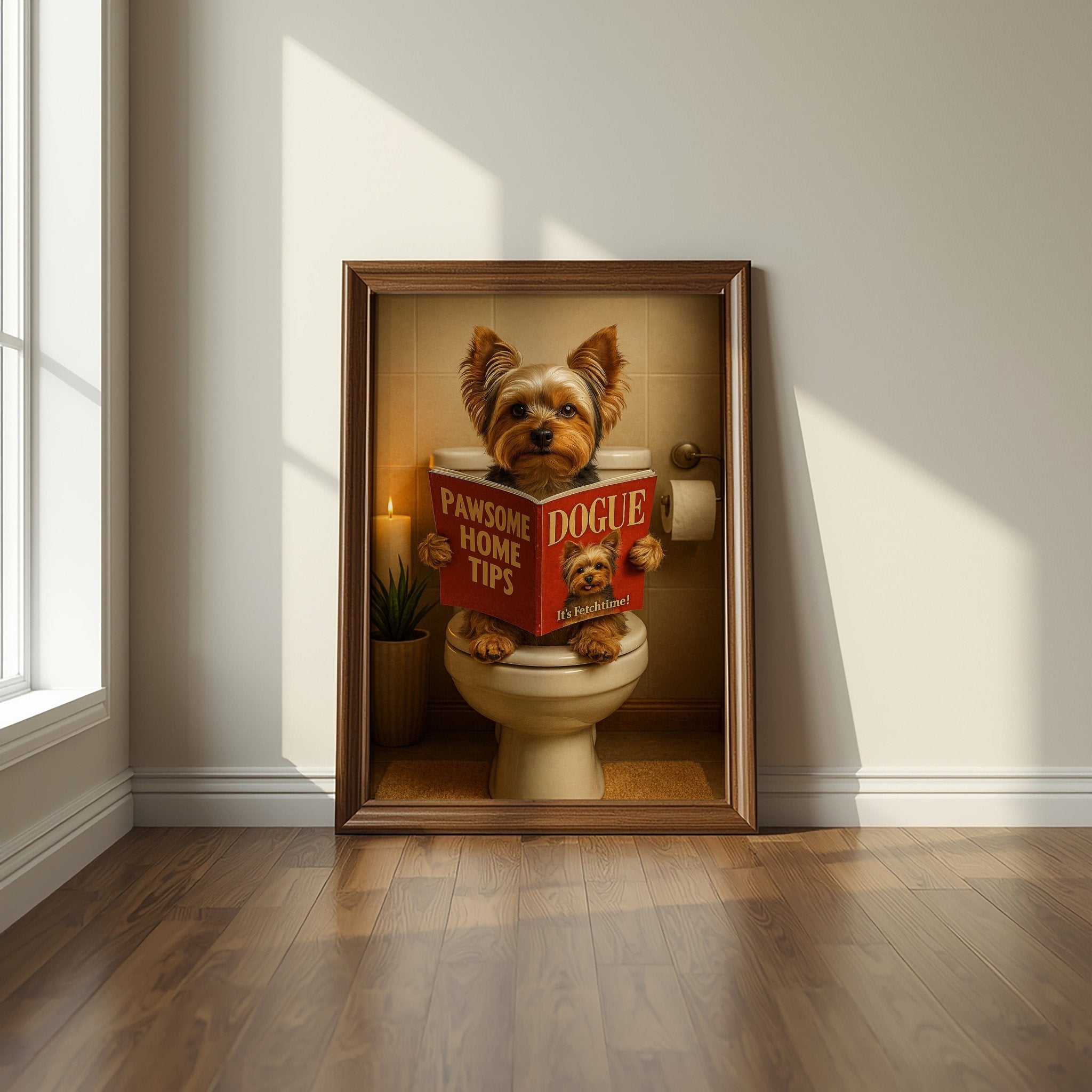 Yorkshire Terrier On The Toilet | Funny Dog Bathroom Wall Art Print - Print