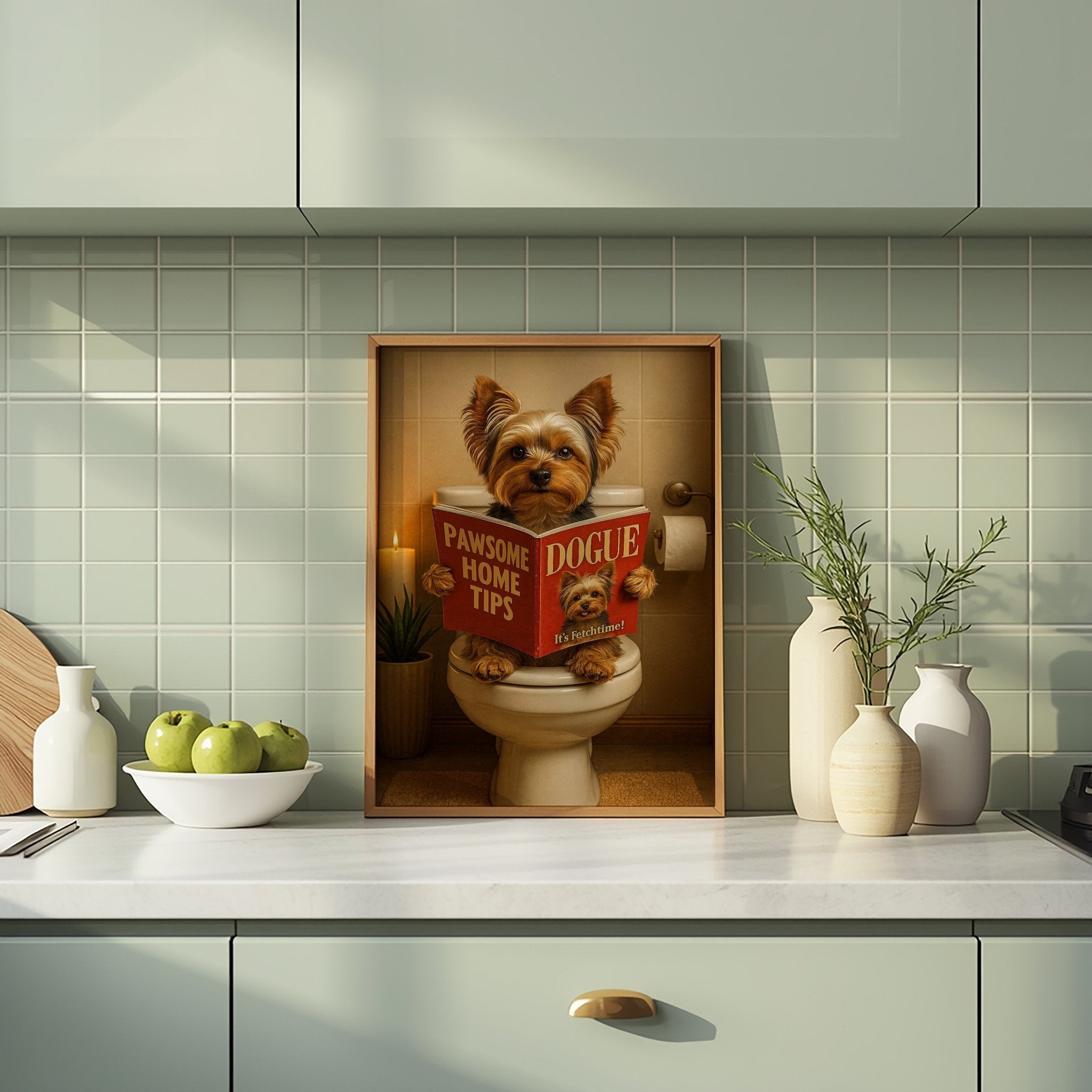 Yorkshire Terrier On The Toilet | Funny Dog Bathroom Wall Art Print - Print