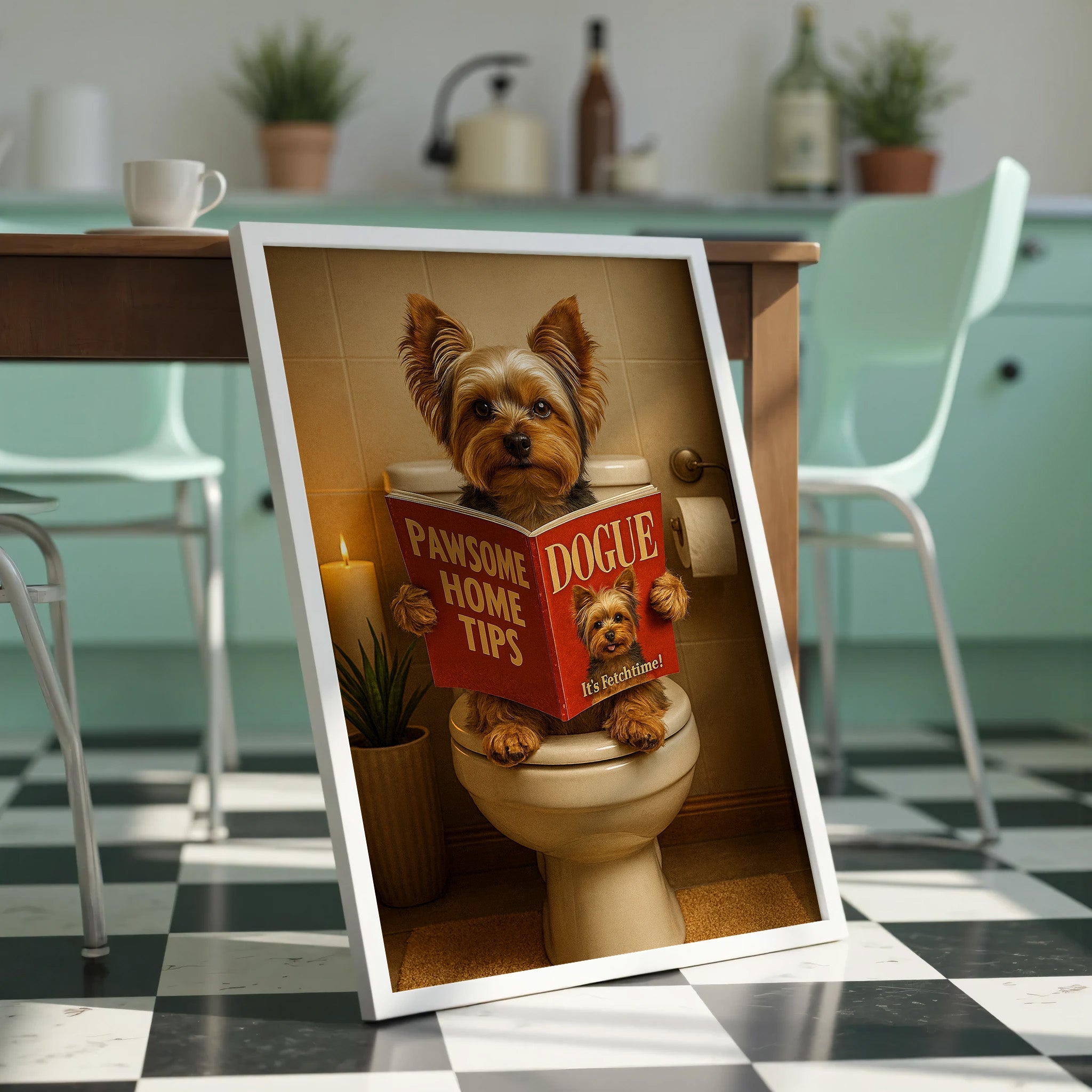 Yorkshire Terrier On The Toilet | Funny Dog Bathroom Wall Art Print - Print
