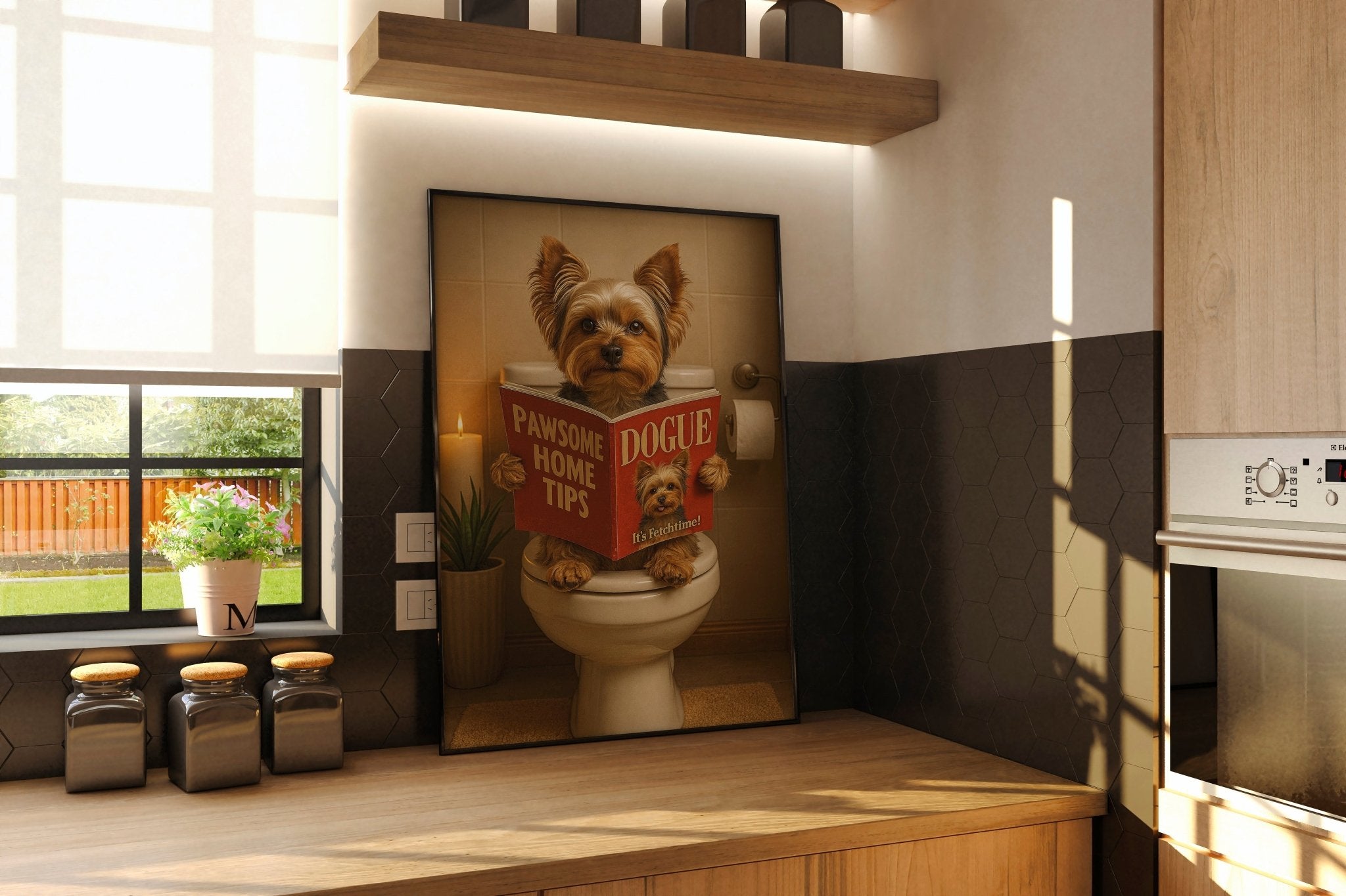 Yorkshire Terrier On The Toilet | Funny Dog Bathroom Wall Art Print - Print