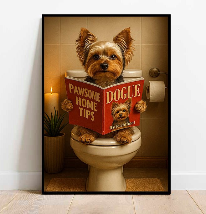Yorkshire Terrier On The Toilet | Funny Dog Bathroom Wall Art Print - Print
