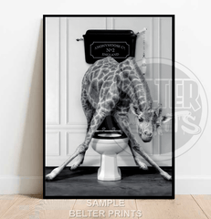 Giraffe on Toilet Wall Art Print – Funny Quirky Bathroom Decor
