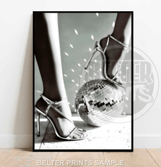 Sparkle Stiletto Wall Art Print – High Heels Standing on Disco Ball