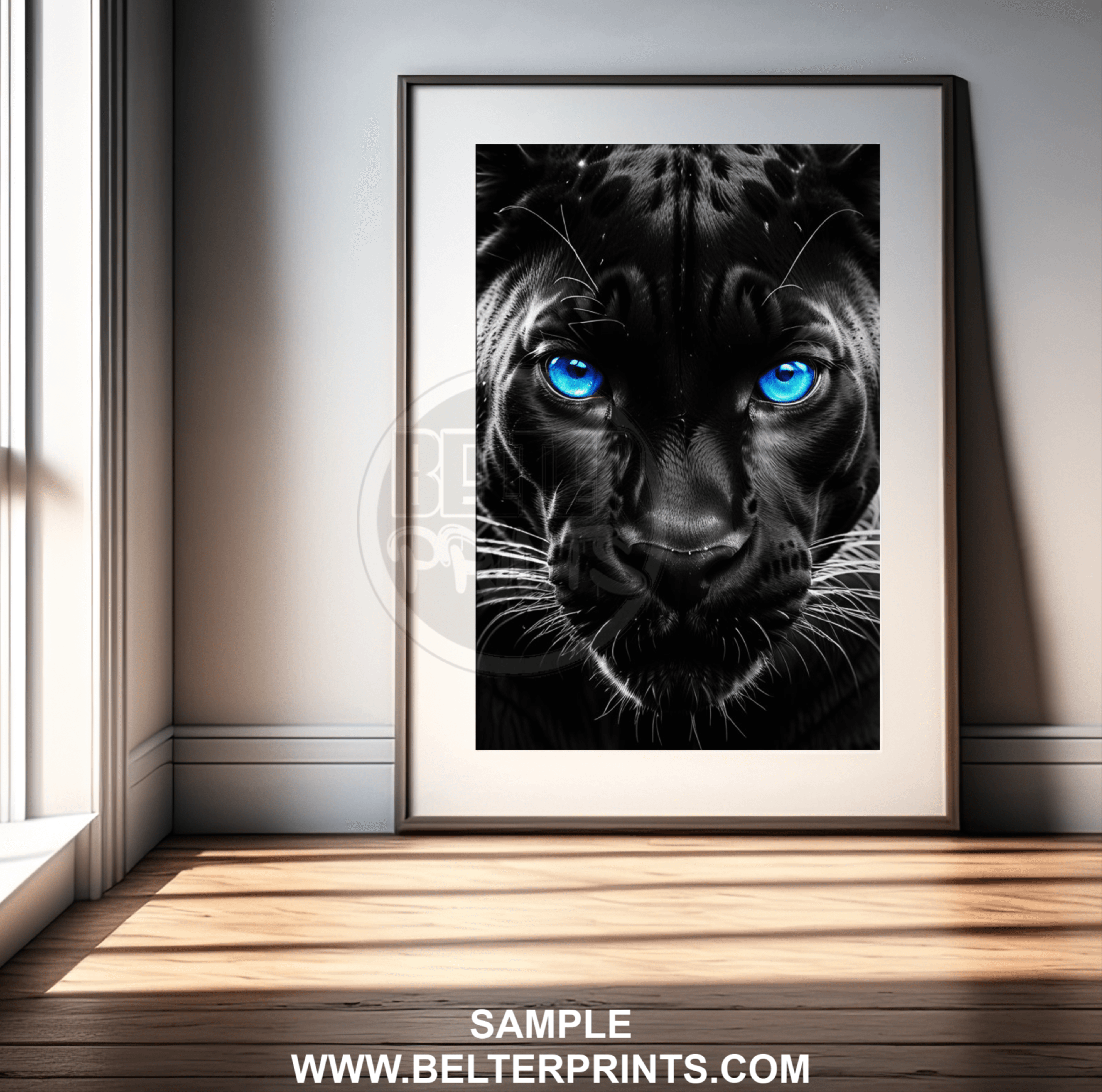 Blue Neon Panther Wall Art Print – Fierce Glowing Big Cat