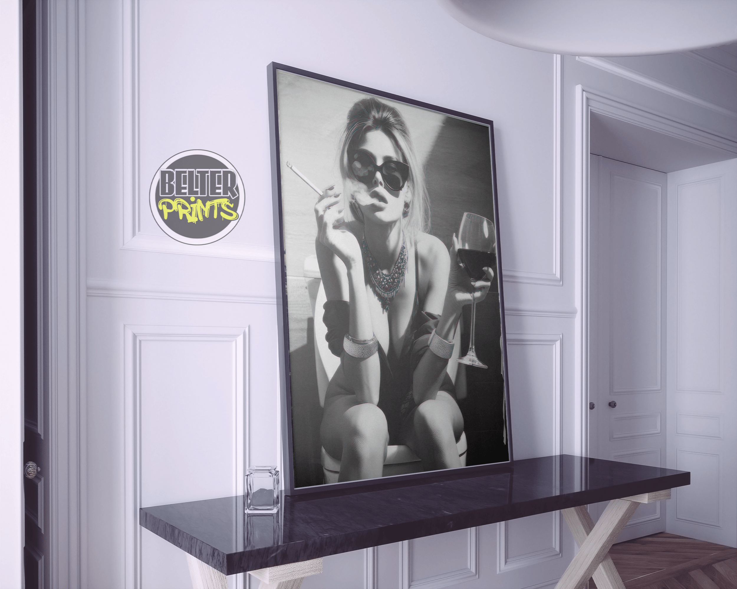 Serenity Wall Art Print – Black & White Photography of Woman with Wine & Cigarette