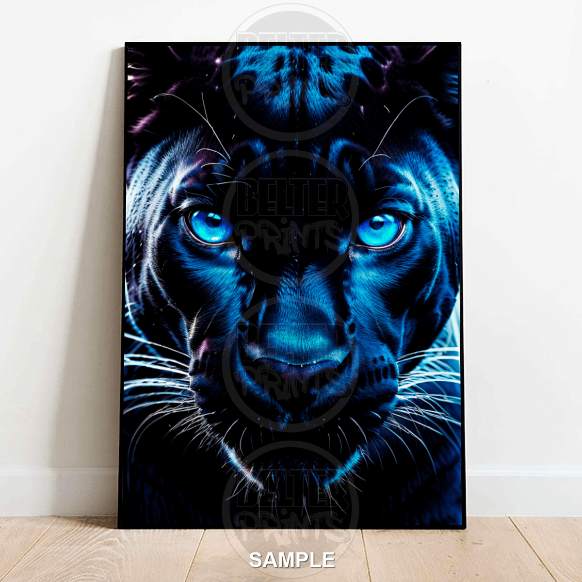 Blue Neon Panther Wall Art Print – Fierce Glowing Big Cat