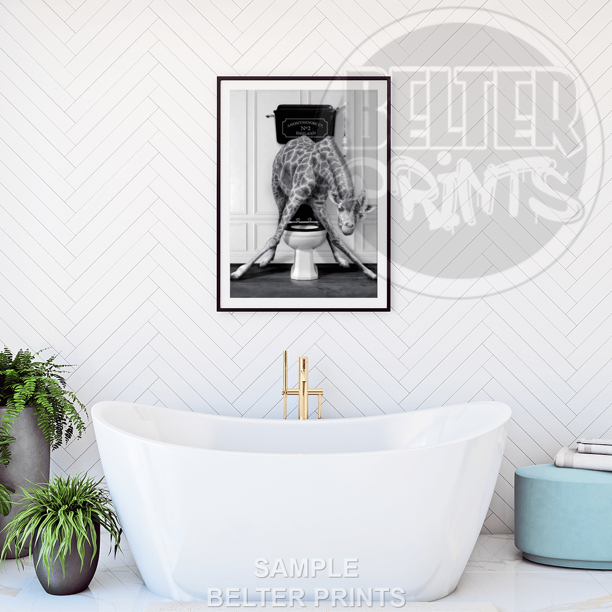 Giraffe on Toilet Wall Art Print – Funny Quirky Bathroom Decor