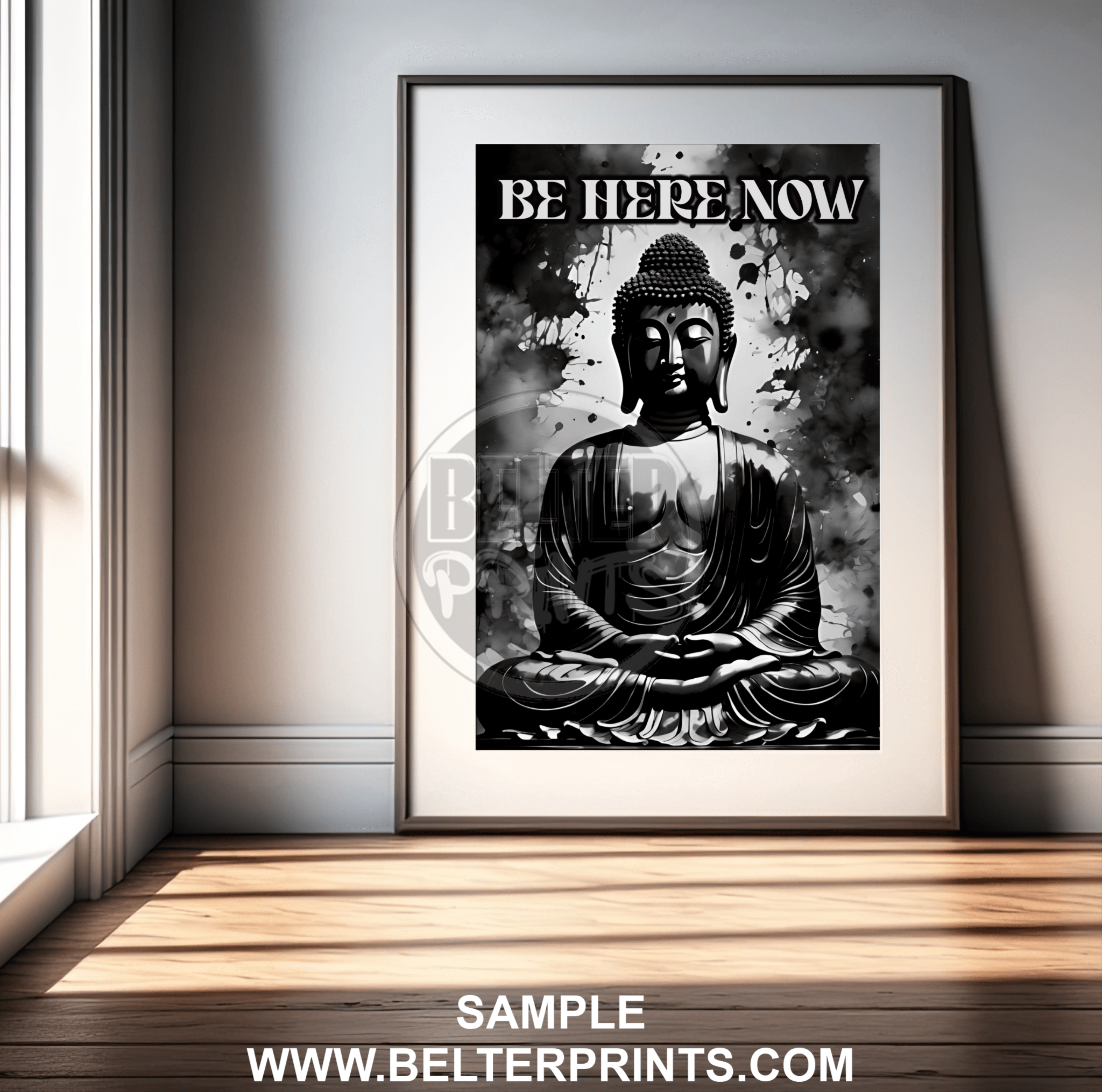 BE HERE NOW Wall Art Print – Buddha Meditation Design in Black and White