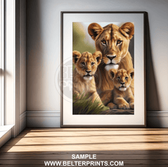 Majestic Lioness and Cubs Wall Art – Heartwarming Safari Wildlife Print