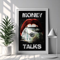 Money Talks pop art wall print featuring bold red lips holding a dollar bill with white typography.