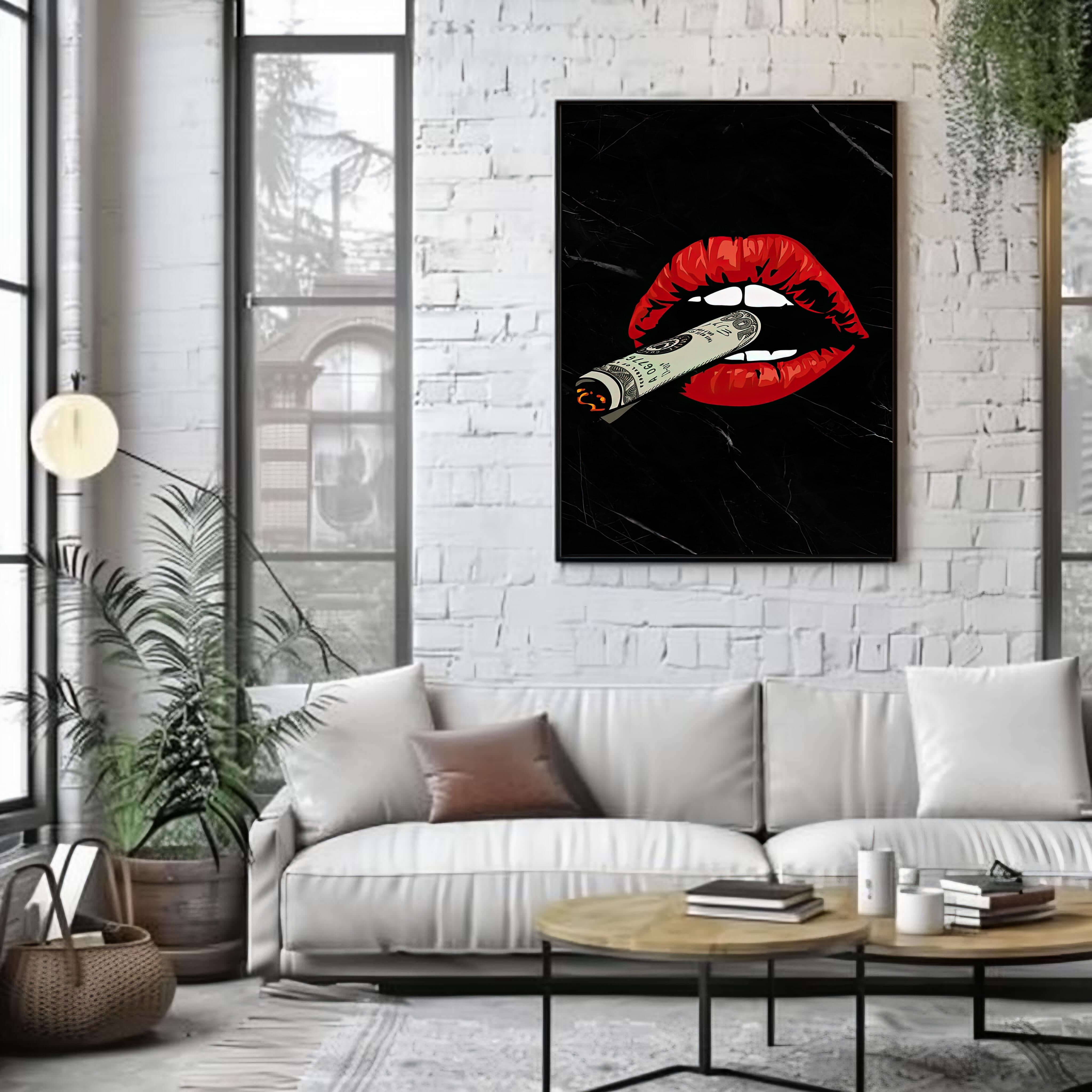 Living room with a white sofa, coffee table, and wall art featuring red lips and a dollar bill.
