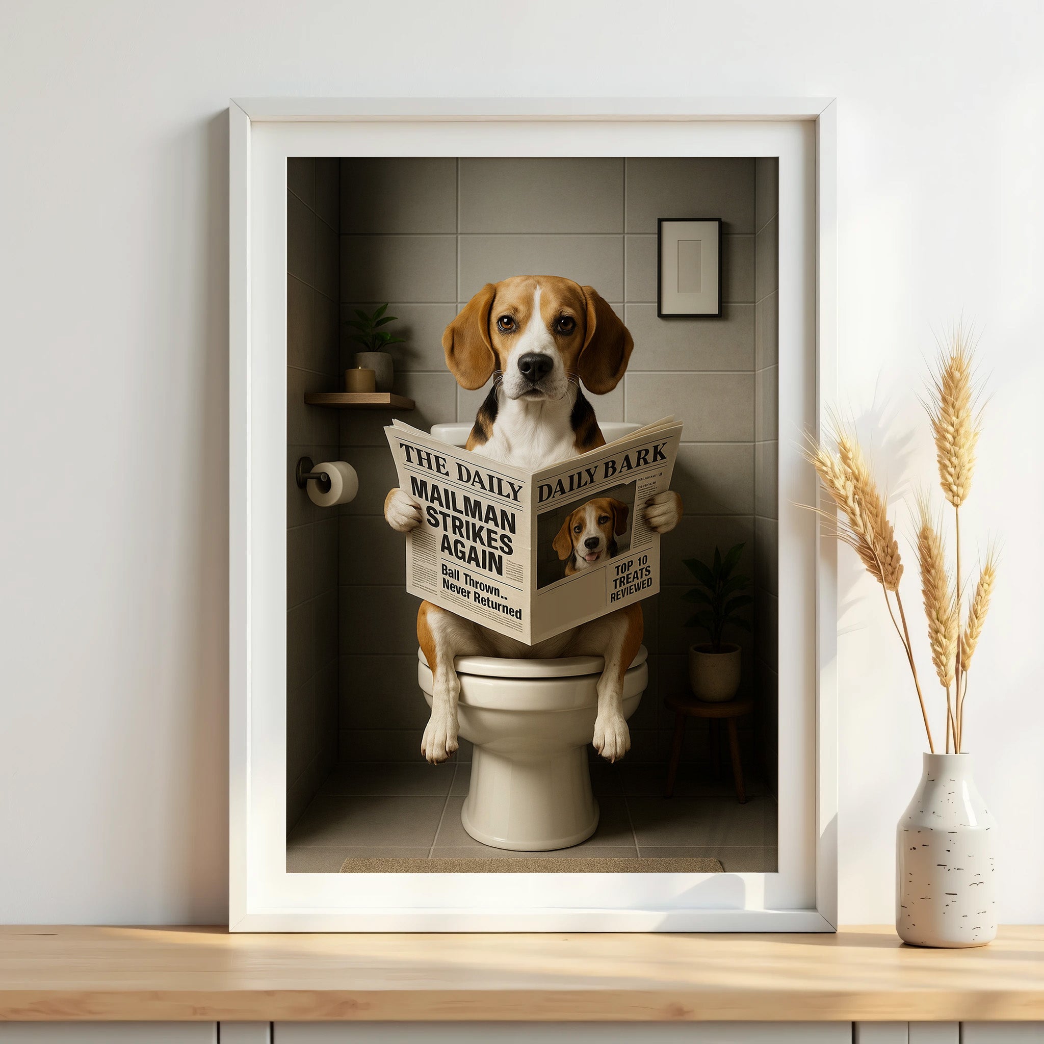 Beagle On The Toilet | Funny Dog Bathroom Wall Art Print