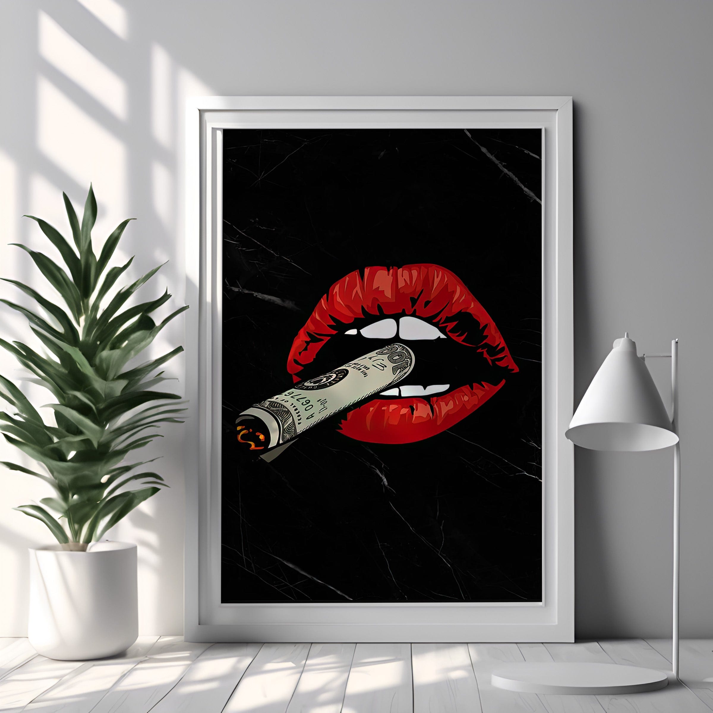 Glam Dollar | Red Lips Smoking Dollar Wall Art Print