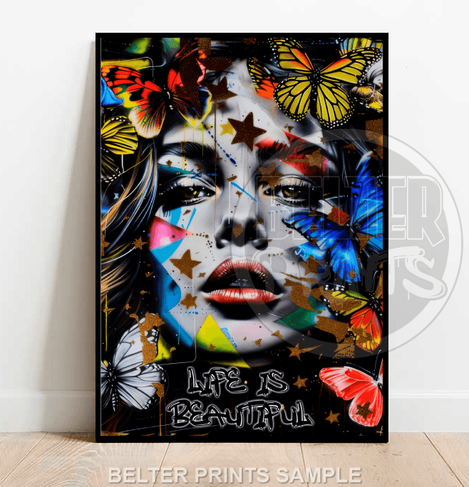 Life Is Beautiful Butterfly Wall Art | Vibrant Urban Street Art Portrait