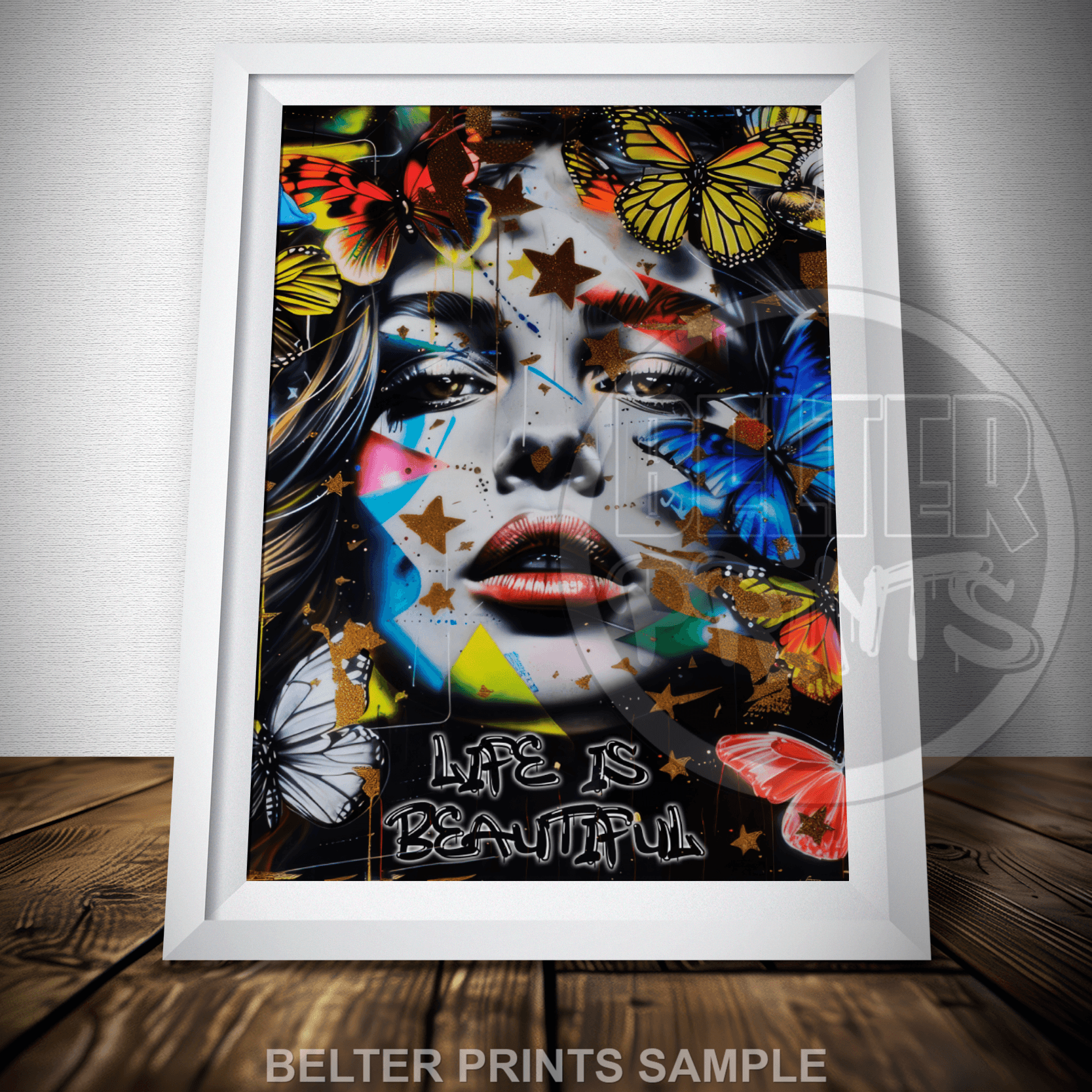 Life Is Beautiful Butterfly Wall Art | Vibrant Urban Street Art Portrait