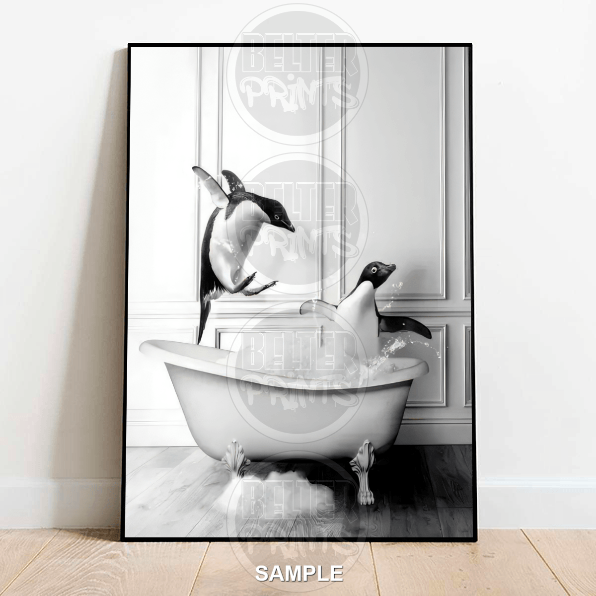 Penguins in the Bath Wall Art Print – Funny Splashing Bathroom Decor