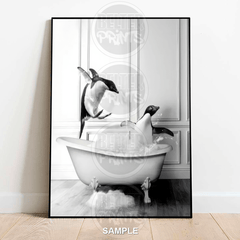 Penguins in the Bath Wall Art Print – Funny Splashing Bathroom Decor
