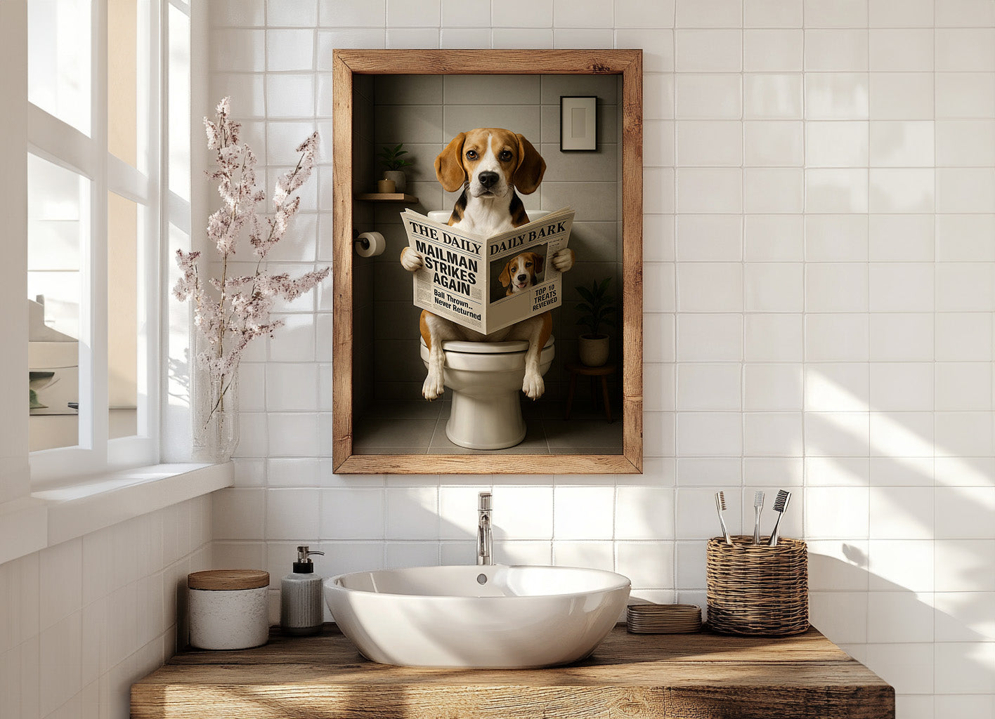 Beagle On The Toilet | Funny Dog Bathroom Wall Art Print
